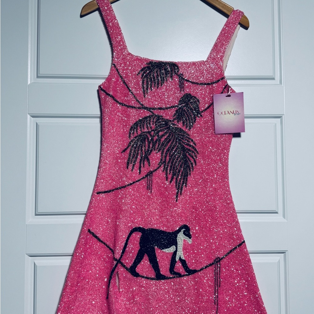 NWT Oceanus St Bart’s Hand-Beaded Crystal Pink Mini Dress Size M - Picture 3 of 8